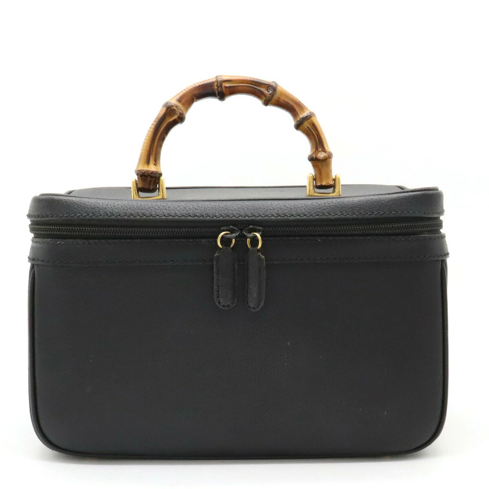 Gucci Bamboo Vanity Bag Handbag Clutch Leather Black Shoulder Strap